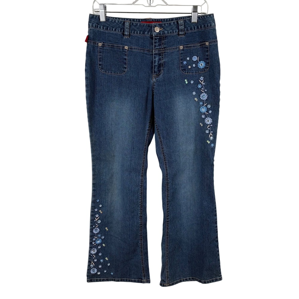 Bongo Floral Embroidered Jeans Juniors Size‎ 14.5 Sequin Bootcut Y2K Boho Hippie